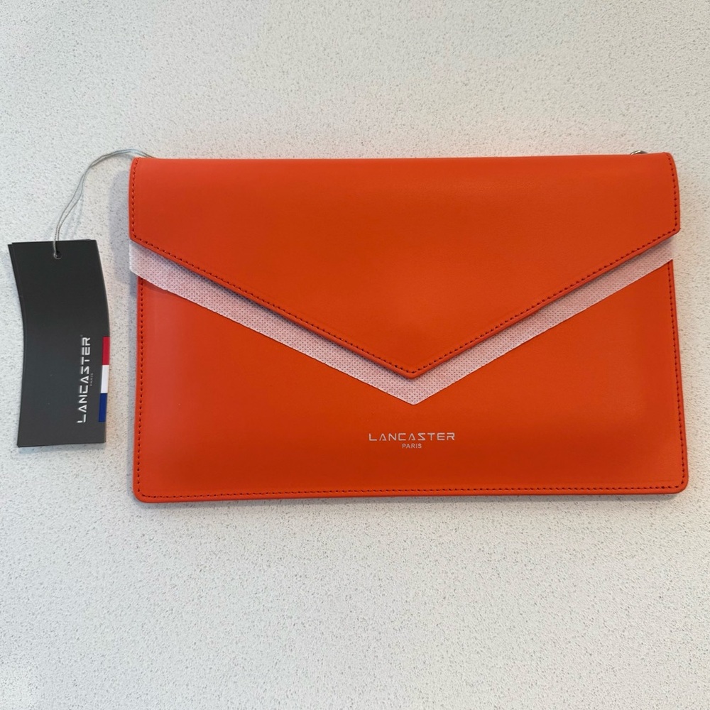 Lancaster Paris Crossbody Envelope Clutch! NWT Coral Smooth Leather handbag!